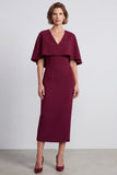 Burgundy Bodycon V-Neck Midi Work Dress with Cape
