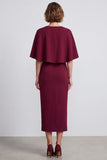 Burgundy Bodycon V-Neck Midi Work Dress with Cape