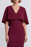 Burgundy Bodycon V-Neck Midi Work Dress with Cape
