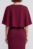 Burgundy Bodycon V-Neck Midi Work Dress with Cape