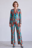 Blue and Red 2 Piece Single Breasted V-Neck Women Suits