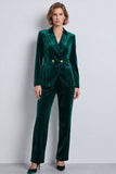 Dark Green Peak Lapel 2 Piece Velvet Double Breasted Women's Suits
