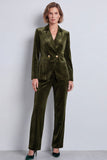 Dark Green Peak Lapel 2 Piece Velvet Double Breasted Women's Suits