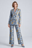 2 Piece Dusty Blue Single Breasted Peak Lapel Floral Prom Suits