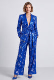 Sparkly Royal Blue 2 Piece Shawl Lapel Sequins Prom Suits with Belt