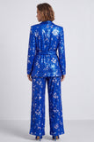 Sparkly Royal Blue 2 Piece Shawl Lapel Sequins Prom Suits with Belt