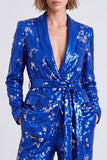 Sparkly Royal Blue 2 Piece Shawl Lapel Sequins Prom Suits with Belt