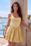 Yellow Corset Ruched Floral Spaghetti Straps A-Line Homecoming Dress with Beading