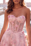 Pink Sheer Corset Floral A-Line Sweetheart Lace Up Back Homecoming Dress with Beading