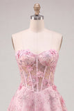 Pink Sheer Corset Floral A-Line Sweetheart Lace Up Back Homecoming Dress with Beading