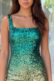 Sparkly Green and Gold Bodycon Square Neck Sequins Homecoming Dress with Slit