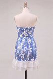 Strapless Blue Bodycon Sequins Short Homecoming Dress with Ruffles