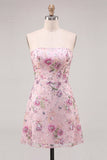 Strapless Pink A-Line Floral Sequins Short Homecoming Dress