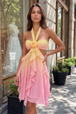 Yellow and Pink A-Line Chiffon Ruffled Halter Neck Homecoming Dress with 3D Flower