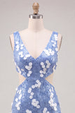 Blue Sequins V-Neck Tight Cut Out Homecoming Dress