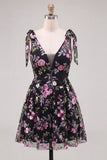 A-Line Black V-Neck Floral Sequins Homecoming Dress