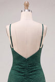 Dark Green Bodycon Ruched Spaghetti Straps Beaded Homecoming Dress with Slit