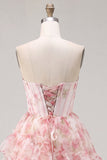 A-Line Pink Sweetheart Corset Tiered Ruffled Floral Homecoming Dress with Lace Up Back