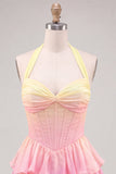 A-Line Yellow and Pink Halter Neck Corset Tiered Chiffon Homecoming Dress