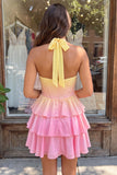 A-Line Yellow and Pink Halter Neck Corset Tiered Chiffon Homecoming Dress