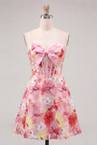 Pink Floral Corset A-Line Spaghetti Straps Lace Up Back Homecoming Dress with Bow