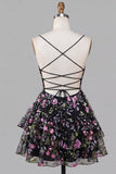 A-Line Black Spaghetti Straps Tiered Floral Lace Up Back Homecoming Dress with Sequins