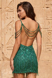 Cold Shoulder Dark Green Sequins Bodycon Short Homecoming Dress with Fringes
