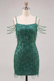 Cold Shoulder Dark Green Sequins Bodycon Short Homecoming Dress with Fringes