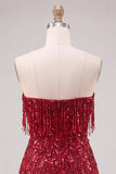 Strapless Burgundy Bodycon Fringed Short Homecoming Dress with Sequins