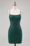 Dark Green Corset Bodycon Spaghetti Straps Floral Short Homecoming Dress with Lace Up Back