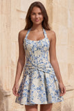 Light Blue A-Line Halter Neck Jacquard Floral Corset Homecoming Dress