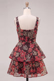 Red Flower Square Neck Tiered A-Line Short Homecoming Dress
