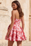 Red A-Line Strapless Corset Jacquard Floral Homecoming Dress with Bow