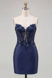 Navy Sweetheart Corset Bodycon Floral Sequins Satin Short Homecoming Dress