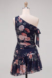 One Shoulder Black Chiffon A-Line Floral Homecoming Dress with Ruffles