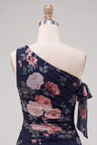 One Shoulder Black Chiffon A-Line Floral Homecoming Dress with Ruffles