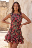 Red Flower Tiered Bateau Neck Tight Short Homecoming Dress with Ruffles