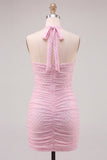 Halter Neck Pink Bodycon Ruched Short Homecoming Dress with Beading