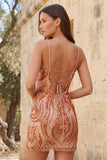 Orange Bodycon Spaghetti Straps Sequins Short Homecoming Dress with Lace Up Back