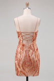 Orange Bodycon Spaghetti Straps Sequins Short Homecoming Dress with Lace Up Back