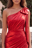 Red One Shoulder Metallic Ruched Asymmetrical Short Homecoming Dress with Bow
