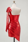 Red One Shoulder Metallic Ruched Asymmetrical Short Homecoming Dress with Bow