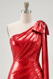 Red One Shoulder Metallic Ruched Asymmetrical Short Homecoming Dress with Bow