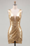 Metallic Sky Blue V-Neck Ruched Tight Short Homecoming Dress