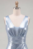 Metallic Sky Blue V-Neck Ruched Tight Short Homecoming Dress