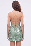 Blue Bodycon Spaghetti Straps Sequins Beaded Homecoming Dress with Lace Up Back