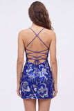 Blue Bodycon Spaghetti Straps Sequins Beaded Homecoming Dress with Lace Up Back