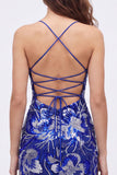 Blue Bodycon Spaghetti Straps Sequins Beaded Homecoming Dress with Lace Up Back