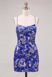 Blue Bodycon Spaghetti Straps Sequins Beaded Homecoming Dress with Lace Up Back