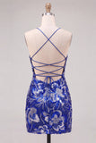 Blue Bodycon Spaghetti Straps Sequins Beaded Homecoming Dress with Lace Up Back